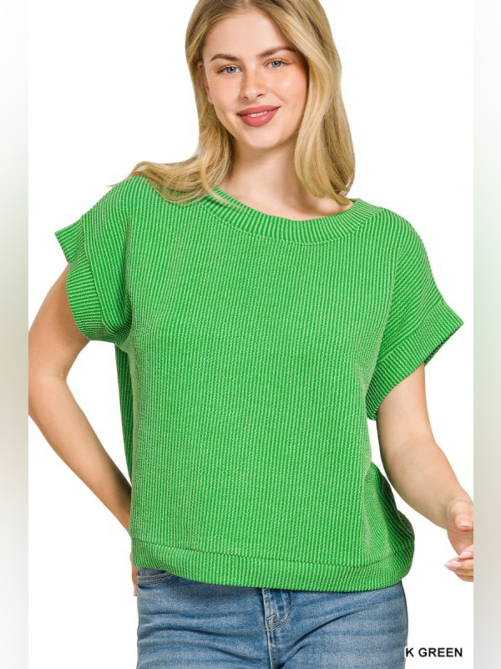 Kelly Green Raised-Rib Cap Sleeve Knit Top